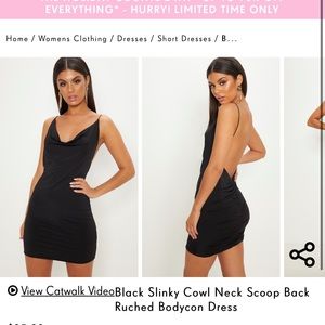 Black slinky cowl neck scoop back ruched bodycon dress